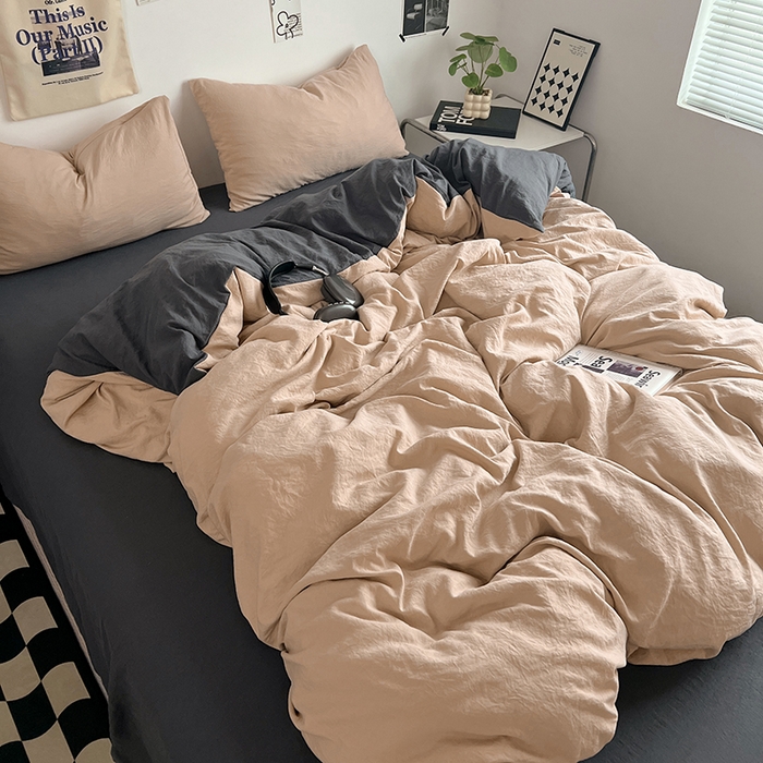 91家纺网 家纺一手货源 找家纺 优佳优品 2024新款ins风超柔褶皱亲肤磨毛水洗棉四件套 卡其深灰