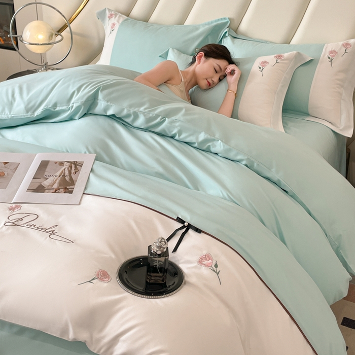 91家纺网 家纺一手货源 找家纺 遇见家居生活馆 2024新款亲肤棉刺绣四件套-蝶恋花 蝶恋花-梵星蓝