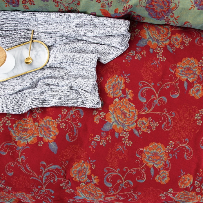 91家纺网 家纺一手货源 找家纺 鲁爱 2025新款全棉色织双层纱纽扣款四件套 陌上花开-红