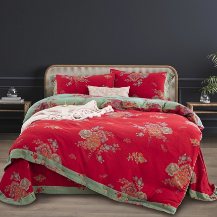 鲁爱 2025新款全棉色织双层纱纽扣款四件套 锦绣芳华