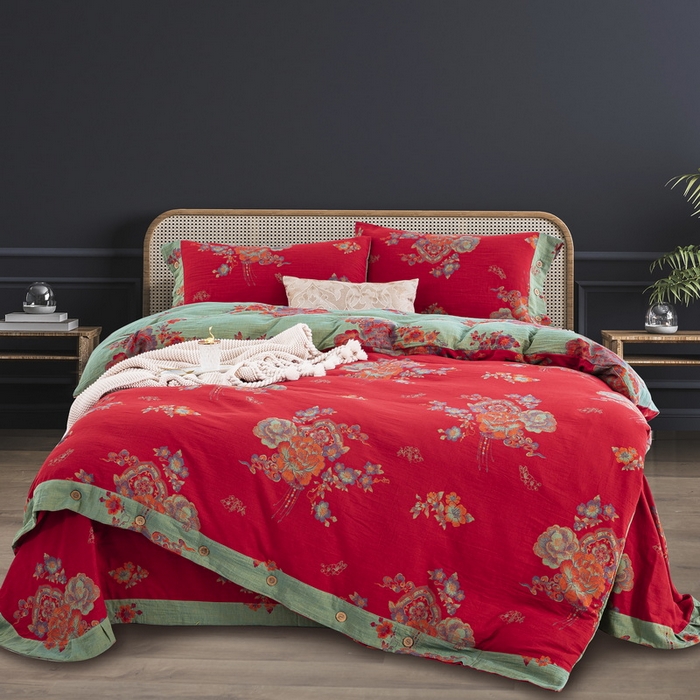 91家纺网 家纺一手货源 找家纺 鲁爱 2025新款全棉色织双层纱纽扣款四件套 锦绣芳华