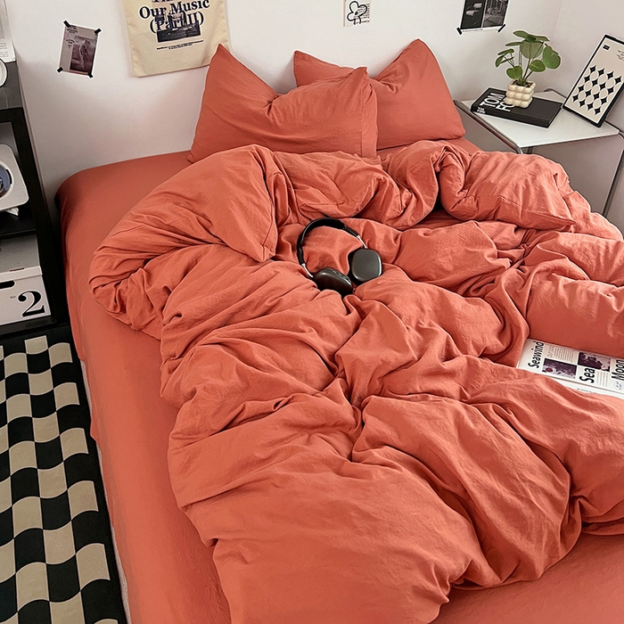 91家纺网 家纺一手货源 找家纺 优佳优品 2024新款ins风超柔褶皱亲肤磨毛水洗棉四件套 浪漫橙