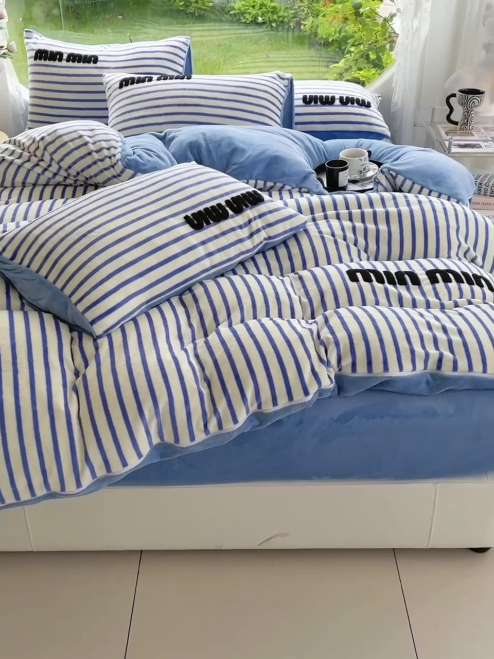 91家纺网 家纺一手货源 找家纺 炫拼 2024新款条纹minmin牛奶绒四件套 minmin蓝
