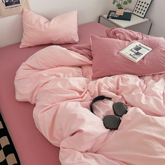 91家纺网 家纺一手货源 找家纺 优佳优品 2024新款ins风超柔褶皱亲肤磨毛水洗棉四件套 芭比粉红