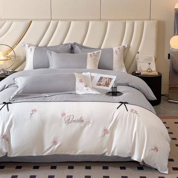 91家纺网 家纺一手货源 找家纺 遇见家居生活馆 2024新款亲肤棉刺绣四件套-蝶恋花 蝶恋花-浅灰