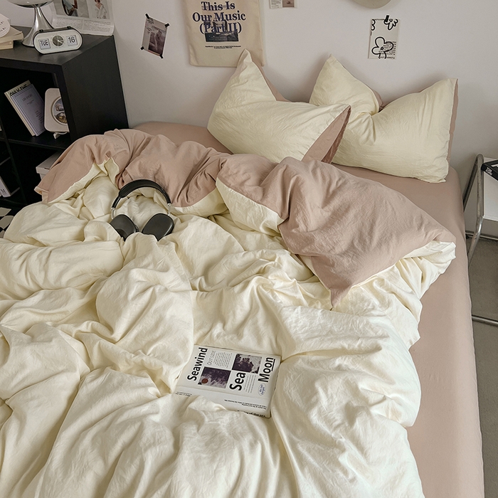 91家纺网 家纺一手货源 找家纺 优佳优品 2024新款ins风超柔褶皱亲肤磨毛水洗棉四件套 菊蕊奶黄