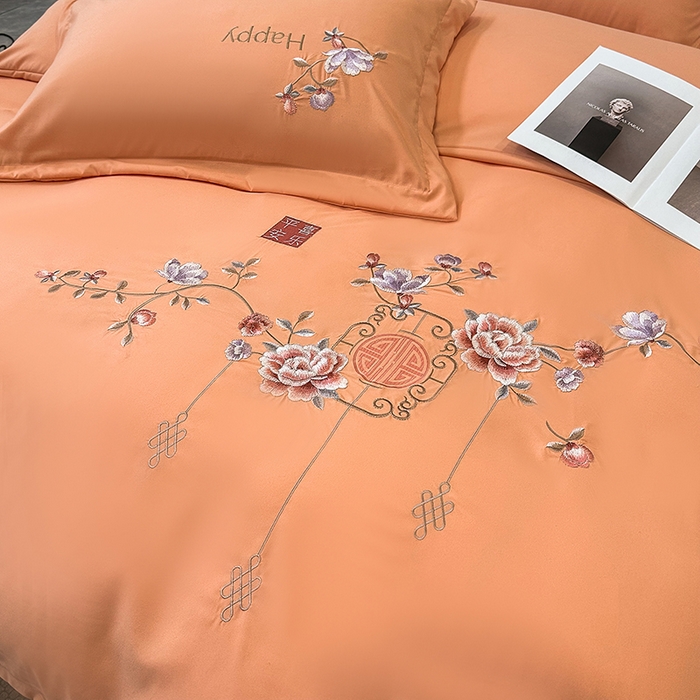 91家纺网 家纺一手货源 找家纺 梦舒羽 2025新款加厚亲肤棉磨毛刺绣四件套-平安喜乐 平安喜乐-橙色