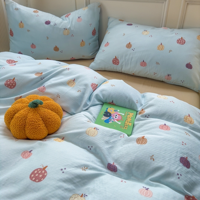 91家纺网 家纺一手货源 找家纺 曼之夏 2024新款全棉A类母婴级双层纱四件套 南瓜甜梦-兰