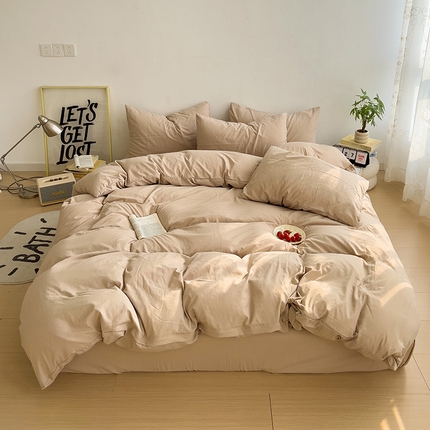 妖妖家纺 2025新款水洗云朵棉纯色四件套 卡其