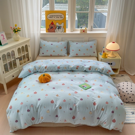 91家纺网 家纺一手货源 找家纺 曼之夏 2024新款全棉A类母婴级双层纱四件套 南瓜甜梦-兰