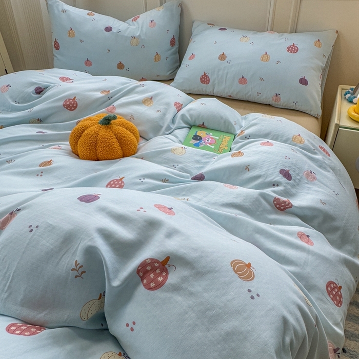 91家纺网 家纺一手货源 找家纺 曼之夏 2024新款全棉A类母婴级双层纱四件套 南瓜甜梦-兰