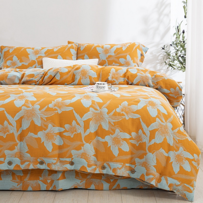 91家纺网 家纺一手货源 找家纺 鲁爱 2025新款全棉色织双层纱纽扣款四件套 花漫-黄