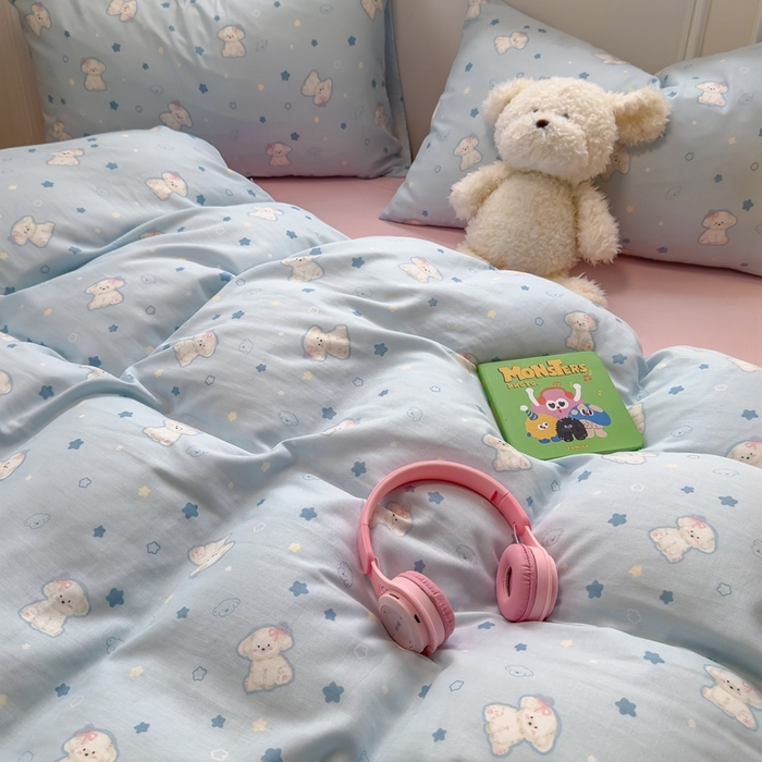 91家纺网 家纺一手货源 找家纺 曼之夏 2024新款全棉A类母婴级双层纱四件套 星星狗-兰