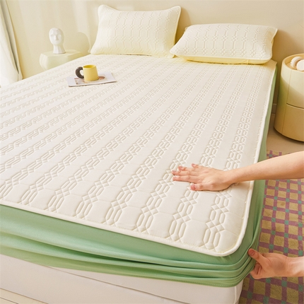 91家纺网 家纺一手货源 找家纺 2024新款A类原棉大豆夹棉床笠 豆绿白