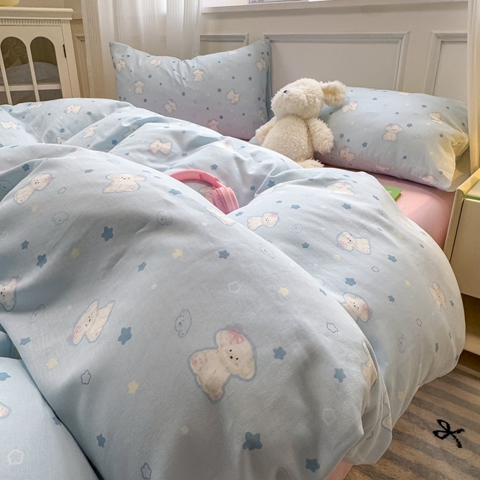 91家纺网 家纺一手货源 找家纺 曼之夏 2024新款全棉A类母婴级双层纱四件套 星星狗-兰