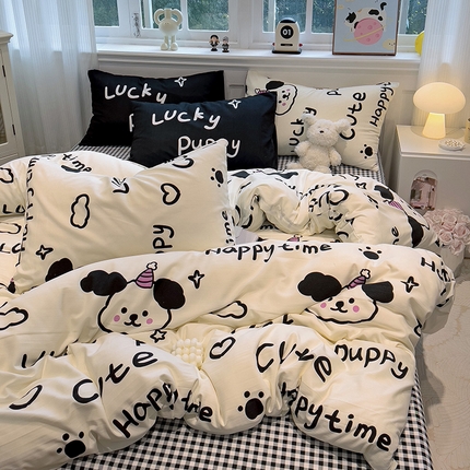 91家纺网 家纺一手货源 找家纺 妖妖家纺 2025新款水洗云朵糯糯棉大版枕套四件套 幸运狗狗