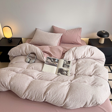 91家纺网 家纺一手货源 找家纺 静家居 2024新款A类全棉纯棉三层纱亲肤提花四件套 本色-灰