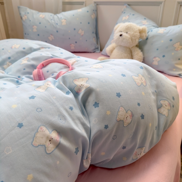 91家纺网 家纺一手货源 找家纺 曼之夏 2024新款全棉A类母婴级双层纱四件套 星星狗-兰