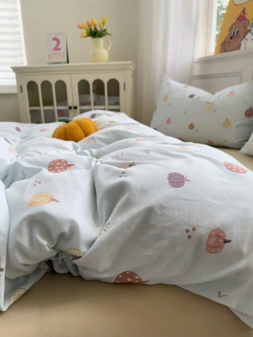 91家纺网 家纺一手货源 找家纺 曼之夏 2024新款全棉A类母婴级双层纱四件套 南瓜甜梦-兰