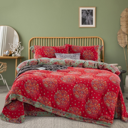 91家纺网 家纺一手货源 找家纺 （总）鲁爱 2025新款全棉色织双层纱纽扣款四件套