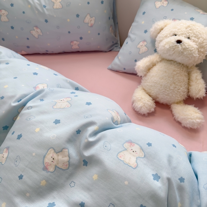 91家纺网 家纺一手货源 找家纺 曼之夏 2024新款全棉A类母婴级双层纱四件套 星星狗-兰