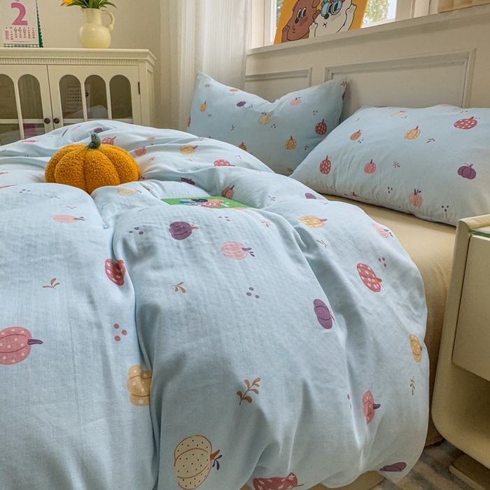 91家纺网 家纺一手货源 找家纺 曼之夏 2024新款全棉A类母婴级双层纱四件套 南瓜甜梦-兰