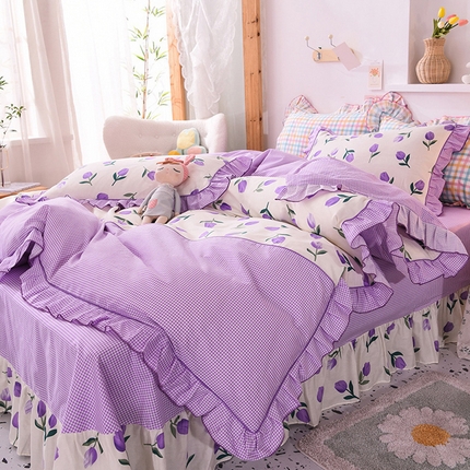 玉元坊2025年新款全棉纯棉公主风荷叶边床单花边被套四件套 紫色玫瑰