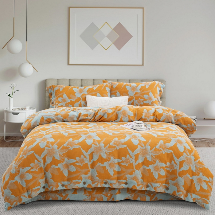 91家纺网 家纺一手货源 找家纺 鲁爱 2025新款全棉色织双层纱纽扣款四件套 花漫-黄