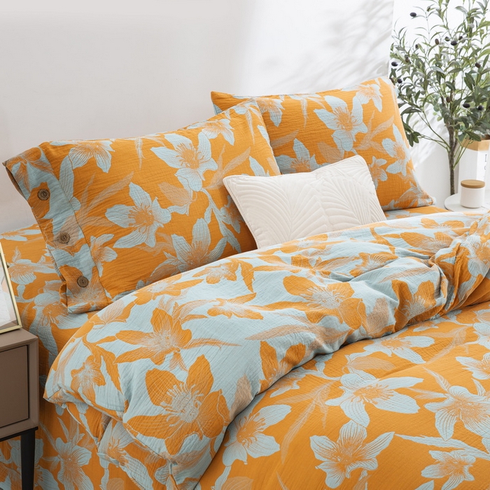 91家纺网 家纺一手货源 找家纺 鲁爱 2025新款全棉色织双层纱纽扣款四件套 花漫-黄