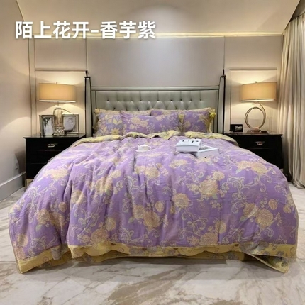 91家纺网 家纺一手货源 找家纺 （总）鲁爱 2025新款全棉色织双层纱纽扣款四件套