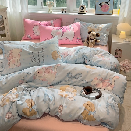 妖妖家纺 2025新款水洗云朵糯糯棉大版枕套四件套 优雅小猫