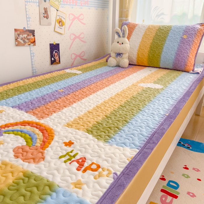 91家纺网 家纺一手货源 找家纺 赫梵茜 2024新款90✖200学生牛奶绒床盖彩虹