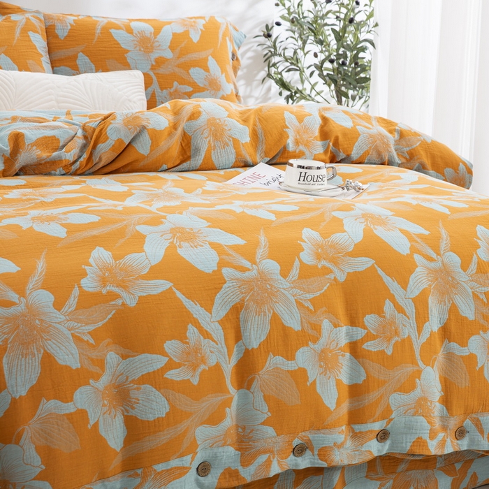 91家纺网 家纺一手货源 找家纺 鲁爱 2025新款全棉色织双层纱纽扣款四件套 花漫-黄