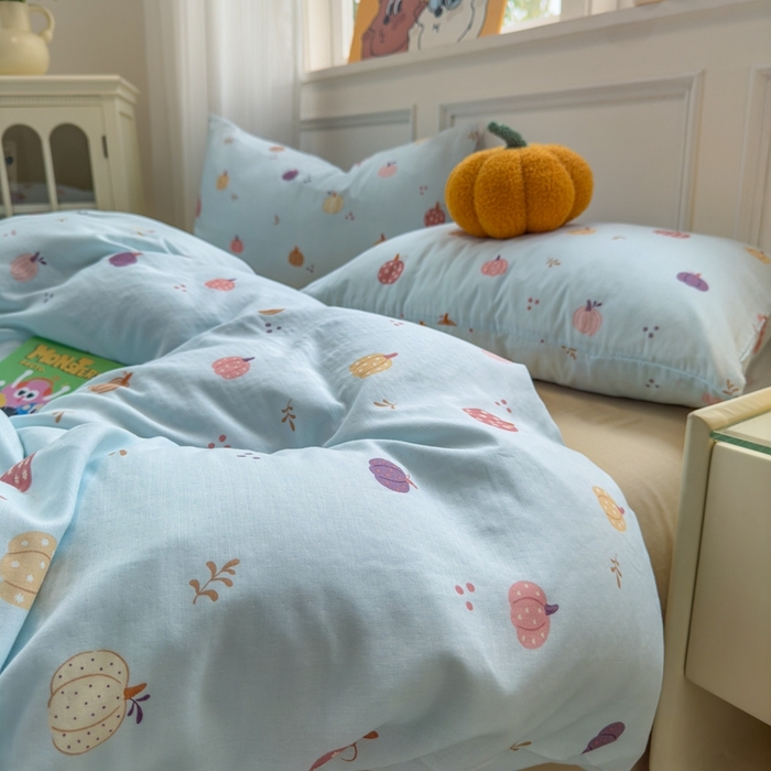 91家纺网 家纺一手货源 找家纺 曼之夏 2024新款全棉A类母婴级双层纱四件套 南瓜甜梦-兰