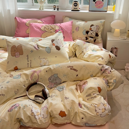 91家纺网 家纺一手货源 找家纺 妖妖家纺 2025新款水洗云朵糯糯棉大版枕套四件套 狗狗摄影师