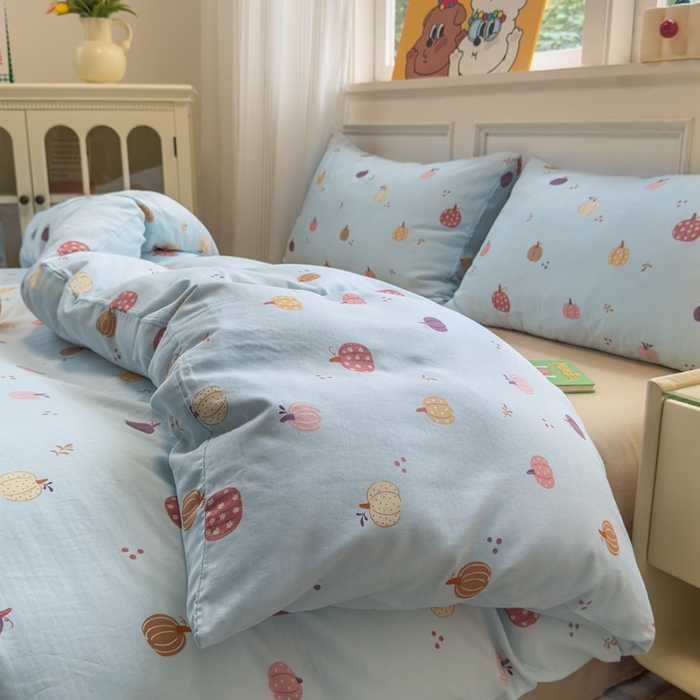 91家纺网 家纺一手货源 找家纺 曼之夏 2024新款全棉A类母婴级双层纱四件套 南瓜甜梦-兰