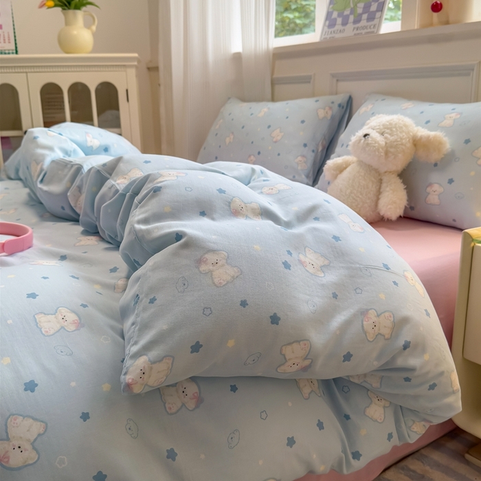 91家纺网 家纺一手货源 找家纺 曼之夏 2024新款全棉A类母婴级双层纱四件套 星星狗-兰