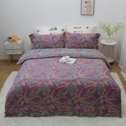 鲁爱 2025新款全棉色织双层纱纽扣款四件套 花漫-紫