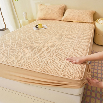 91家纺网 家纺一手货源 找家纺 2024新款A类原棉大豆夹棉床笠 奶咖色