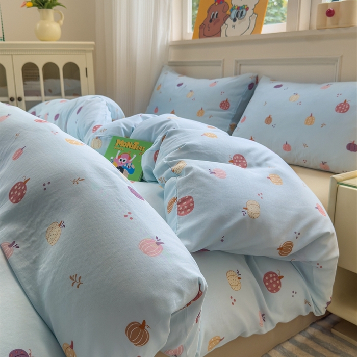 91家纺网 家纺一手货源 找家纺 曼之夏 2024新款全棉A类母婴级双层纱四件套 南瓜甜梦-兰