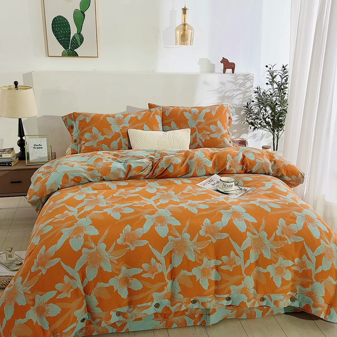 91家纺网 家纺一手货源 找家纺 鲁爱 2025新款全棉色织双层纱纽扣款四件套 花漫-黄