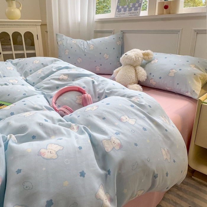 91家纺网 家纺一手货源 找家纺 曼之夏 2024新款全棉A类母婴级双层纱四件套 星星狗-兰