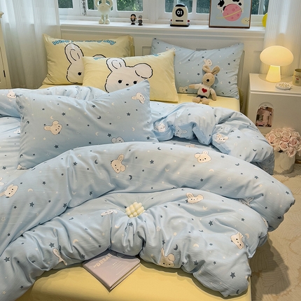 91家纺网 家纺一手货源 找家纺 妖妖家纺 2025新款水洗云朵糯糯棉大版枕套四件套 晚安兔