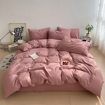 91家纺网 家纺一手货源 找家纺 妖妖家纺 2025新款水洗云朵棉纯色四件套 豆沙