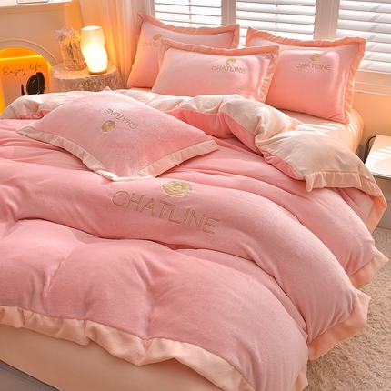 简爱 2025新款牛奶绒纯色双拼拼角工艺款四件套-初暖 少女粉奶白