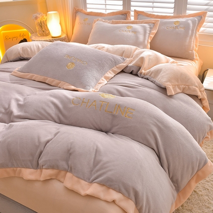 简爱 2025新款牛奶绒纯色双拼拼角工艺款四件套-初暖 灰色奶白