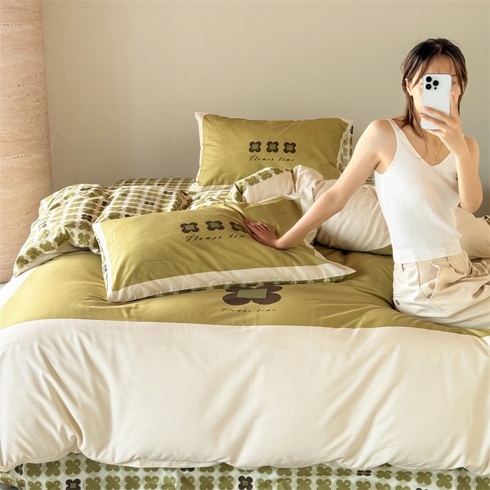 91家纺网 家纺一手货源 找家纺 （总）窝米 2025春季新品全棉13372大版专版数码幸运草系列四件套-岚