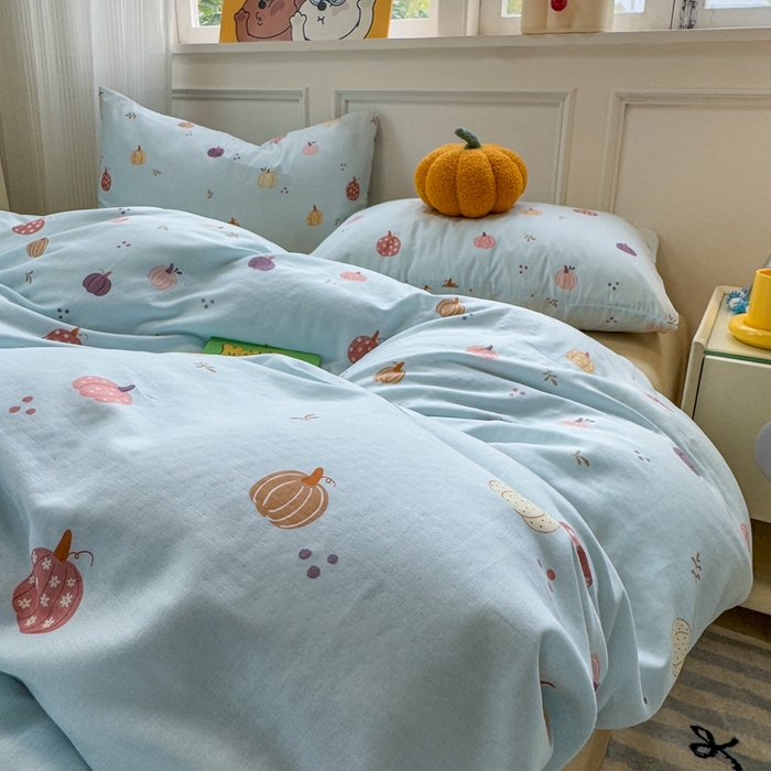 91家纺网 家纺一手货源 找家纺 曼之夏 2024新款全棉A类母婴级双层纱四件套 南瓜甜梦-兰