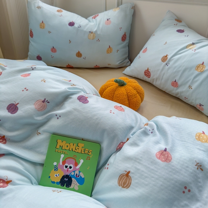 91家纺网 家纺一手货源 找家纺 曼之夏 2024新款全棉A类母婴级双层纱四件套 南瓜甜梦-兰