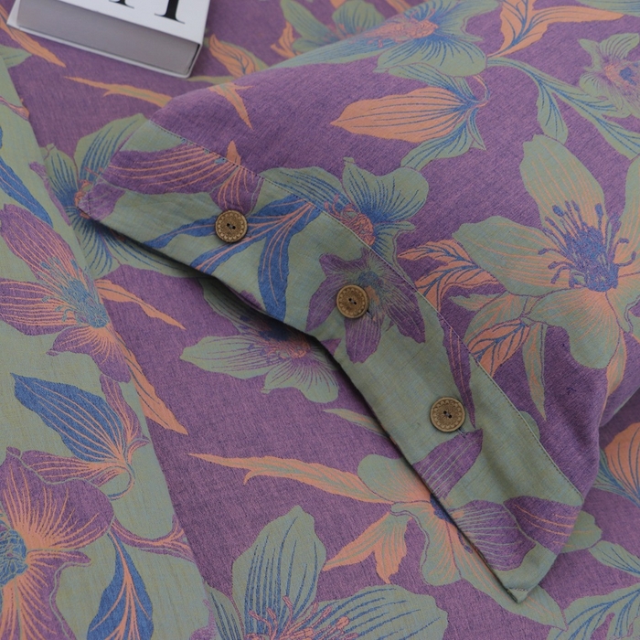 91家纺网 家纺一手货源 找家纺 鲁爱 2025新款全棉色织双层纱纽扣款四件套 花漫-紫